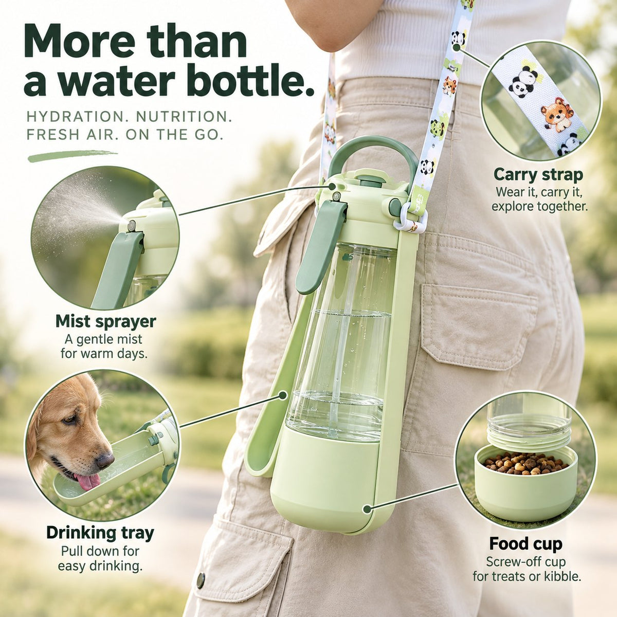 Portable Dog Drinking Bottle for Walks and Travel, with Fold-Out Tray, Food Cup and Mist Sprayer