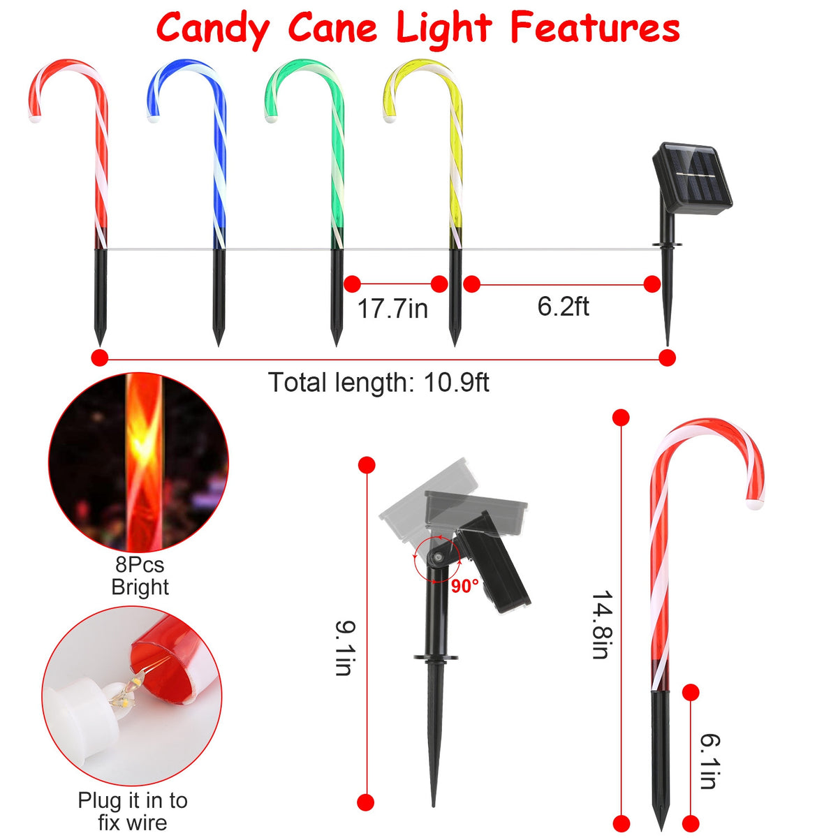 Solar Christmas Candy Cane Pathway Lights, Set of 4 Stake Lights with 8 Modes