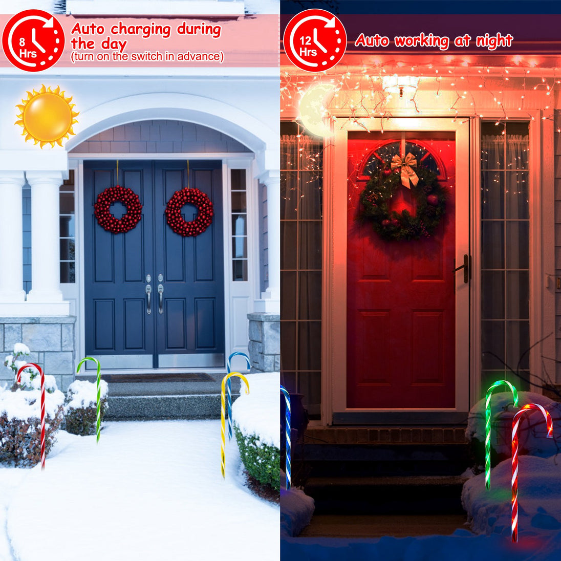 Solar Christmas Candy Cane Pathway Lights, Set of 4 Multicolor Stake Lights with 8 Modes, Ships from USA