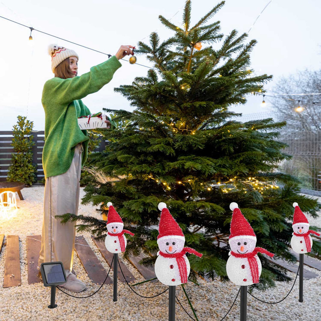 Solar Christmas Snowman Stake Lights, Set of 3 Linked Lighted Snowmen for Yard and Pathway, Ships from USA