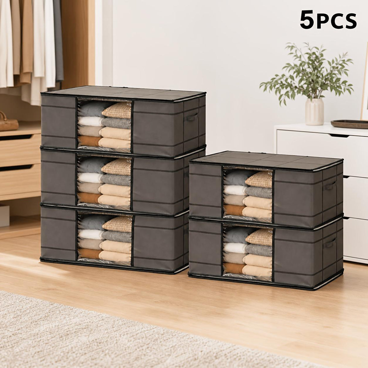Foldable Clothes Storage Organizer Bags with Clear Window, Set of 5