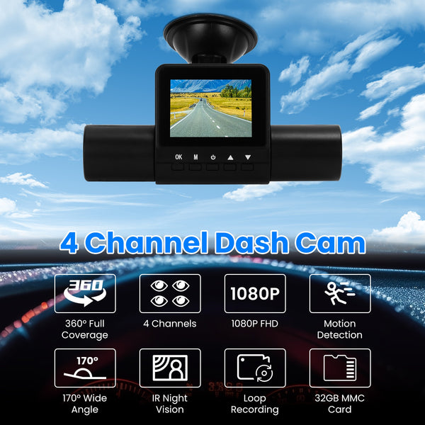 4-Channel Dash Cam with Rear Camera, IR Night Vision and 32GB Card