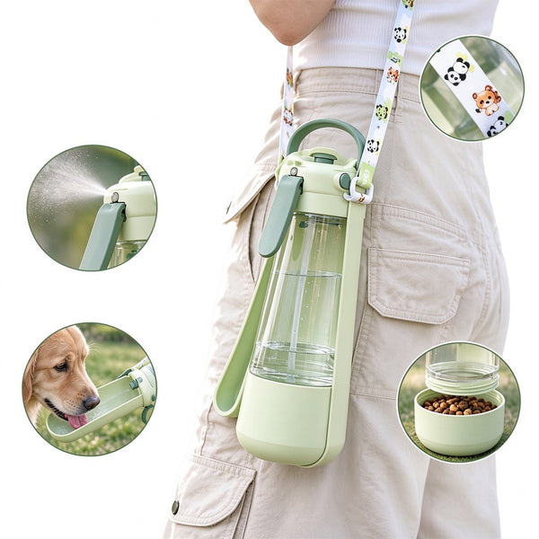 Portable Dog Drinking Bottle for Walks and Travel, with Fold-Out Tray, Food Cup and Mist Sprayer