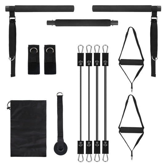 Portable Pilates Bar Fitness Kit with Resistance Bands, 100 lb Home Workout Set