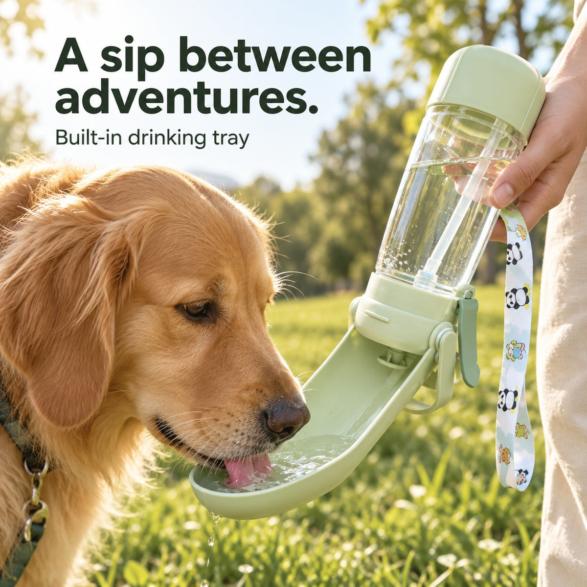 Portable Dog Drinking Bottle for Walks and Travel, with Fold-Out Tray, Food Cup and Mist Sprayer
