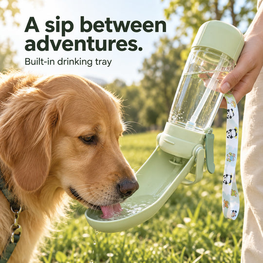 Portable Dog Drinking Bottle for Walks and Travel, with Fold-Out Tray, Food Cup and Mist Sprayer