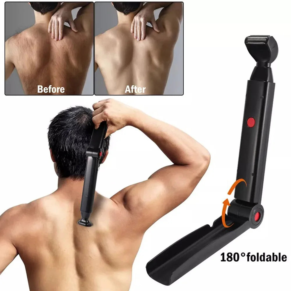 Rechargeable Back Hair Shaver for Men with Folding Long Handle and 2 Heads