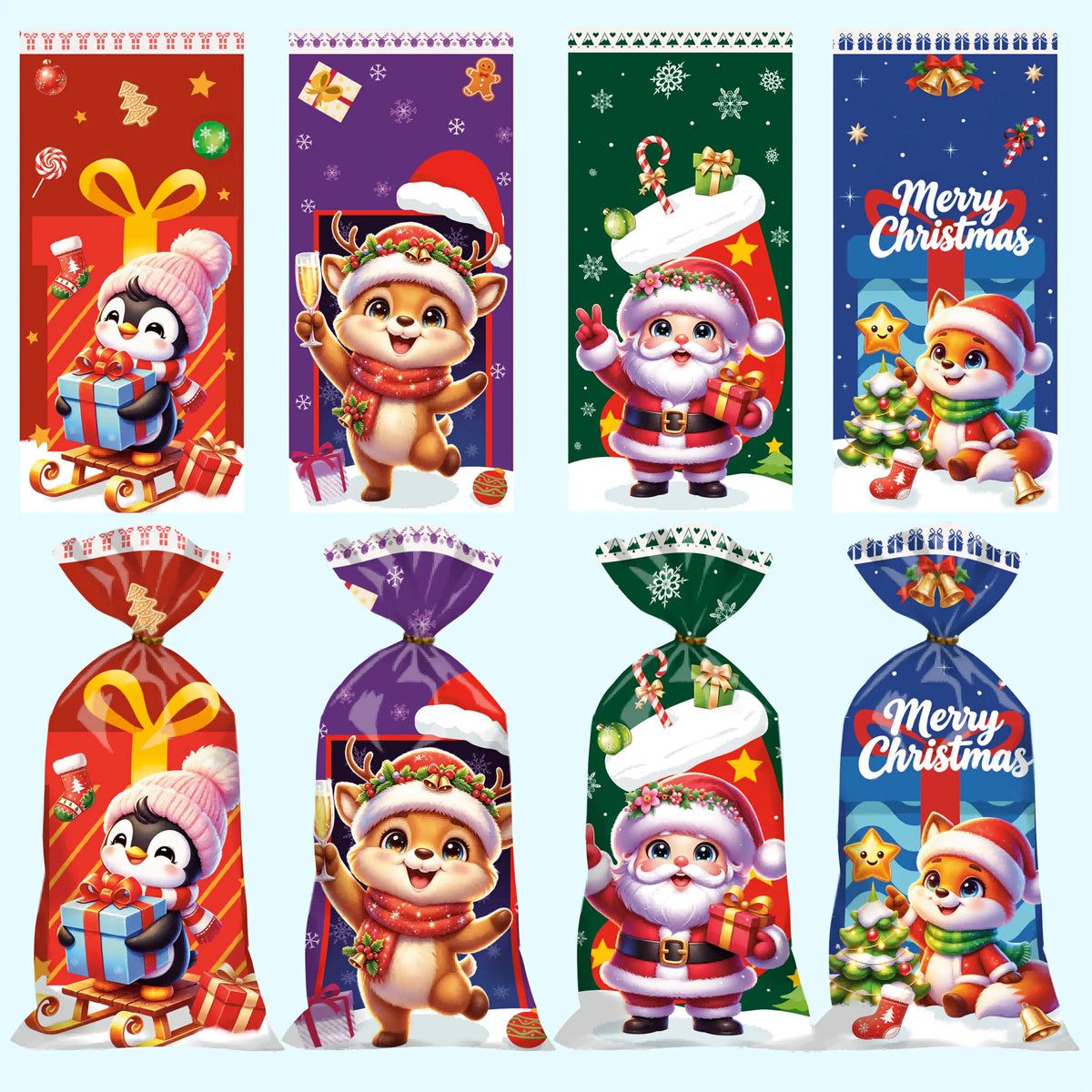 Christmas Cellophane Goody Bags Assortment, 50-Pack, 4 Holiday Designs