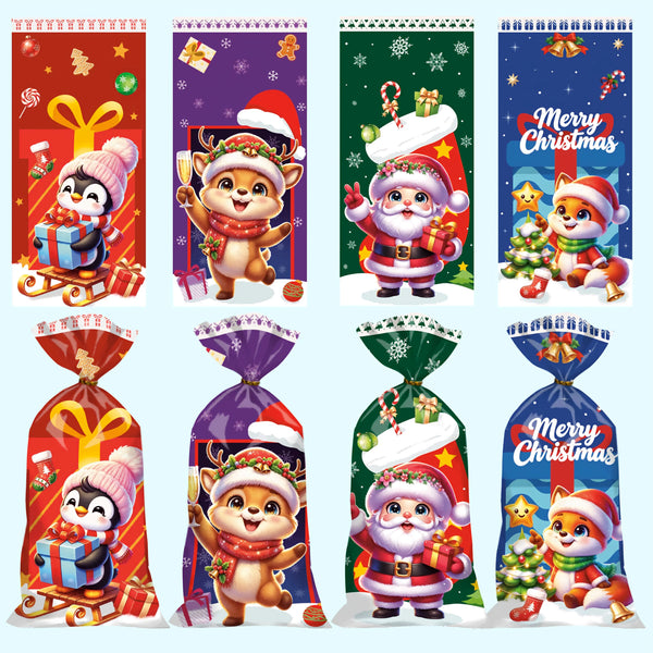 Christmas Cellophane Goody Bags Assortment, 50-Pack, 4 Holiday Designs