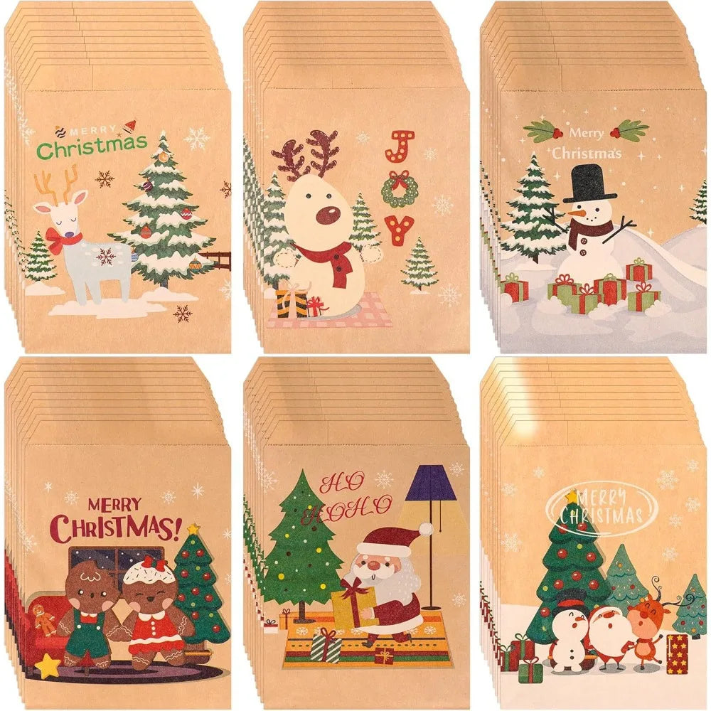 24 Pack Christmas Kraft Paper Treat Bags, Assorted Prints, 5 x 7 Inch Candy and Cookie Goodie Bags