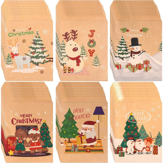 24 Pack Christmas Kraft Paper Treat Bags, Assorted Prints, 5 x 7 Inch Candy and Cookie Goodie Bags