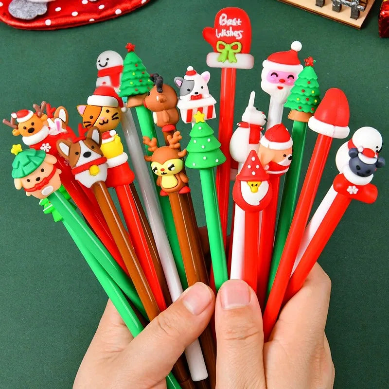 Christmas Cartoon Gel Pens, Set of 5 - Santa, Snowman & Reindeer Toppers, Kids Holiday Party Favors