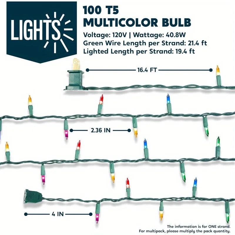 100-Count Multicolor Mini Christmas String Lights, 21.4 ft Green Wire, Plug-In