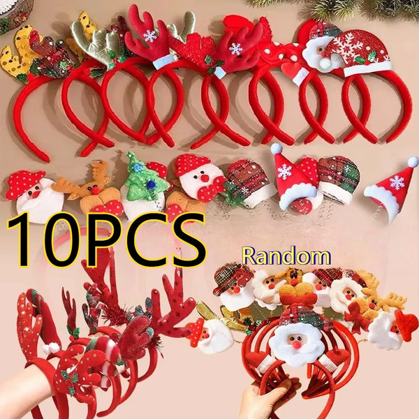 Christmas Headbands Assorted Designs, 10 Piece Set - Reindeer, Santa, Snowman