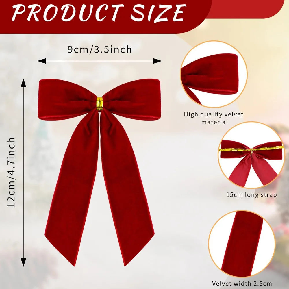 Red Velvet Christmas Tree Bows, 12 Pack, 4.7 in Bow Ornaments with Tie-On Straps