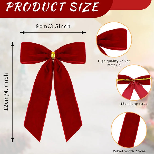 Red Velvet Christmas Tree Bows, 12 Pack, 4.7 in Bow Ornaments with Tie-On Straps