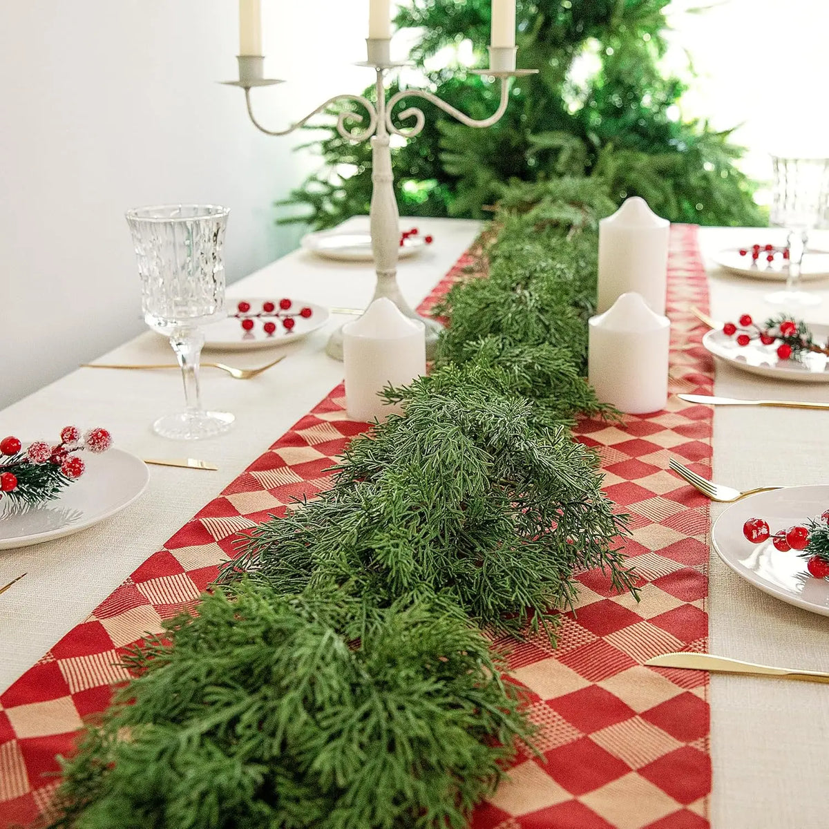 Real Touch Cedar & Pine Christmas Garland with Red Berries, 5.9 ft (180 cm)