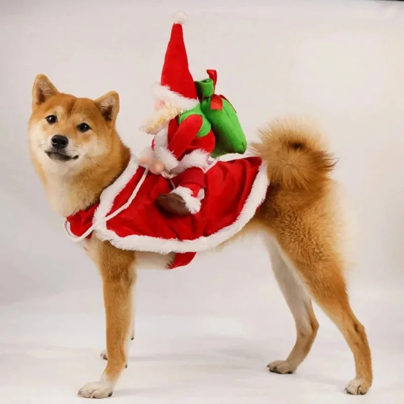 Santa Rider Christmas Dog Costume, Size M, Red Fleece Outfit with Santa Riding on the Back