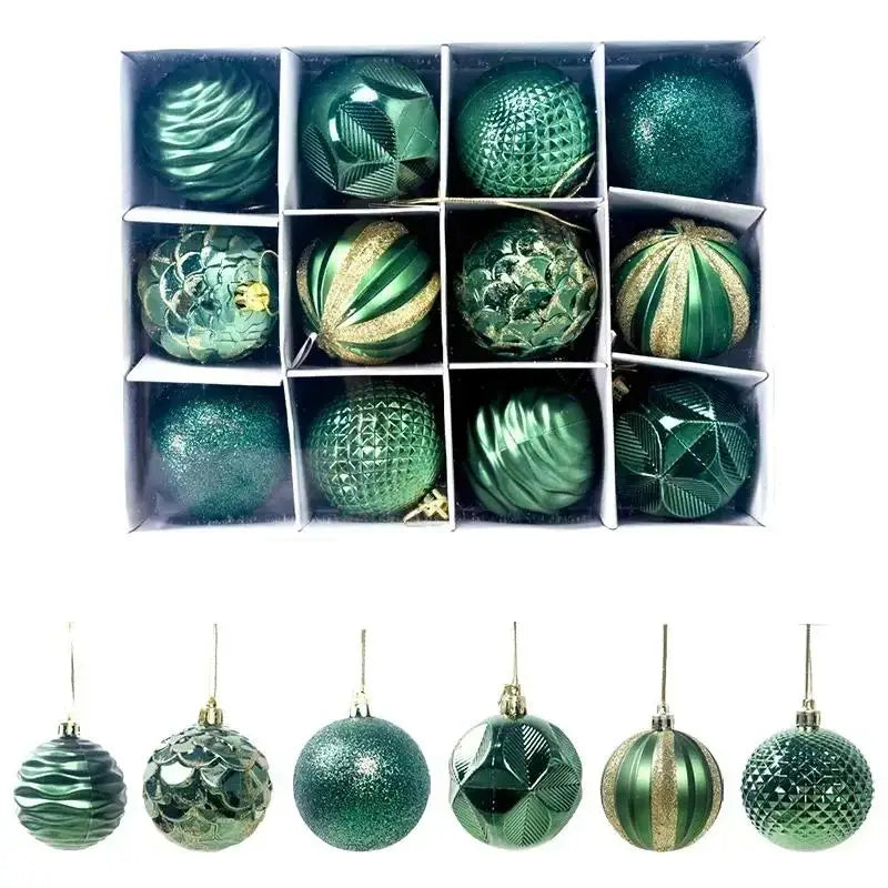 Green and Gold Christmas Ball Ornaments, Boxed Set of 12 Assorted 2.36 in Shatterproof Tree Balls