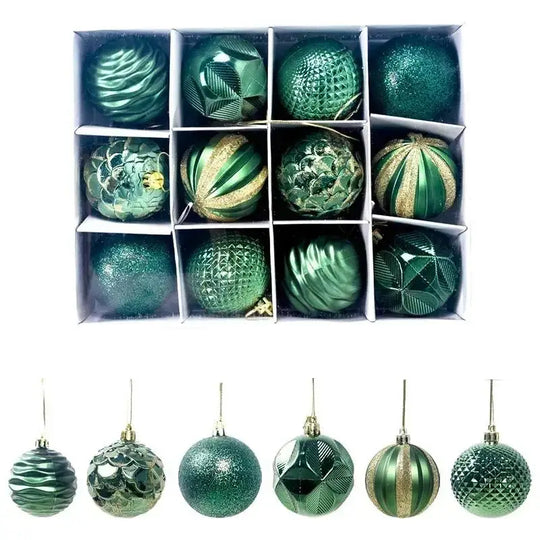 Green and Gold Christmas Ball Ornaments, Boxed Set of 12 Assorted 2.36 in Shatterproof Tree Balls