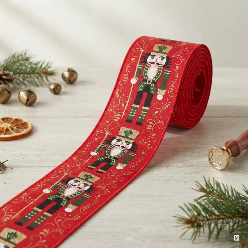 Nutcracker Print Wired Edge Christmas Ribbon, Red & Gold, 5 Meters