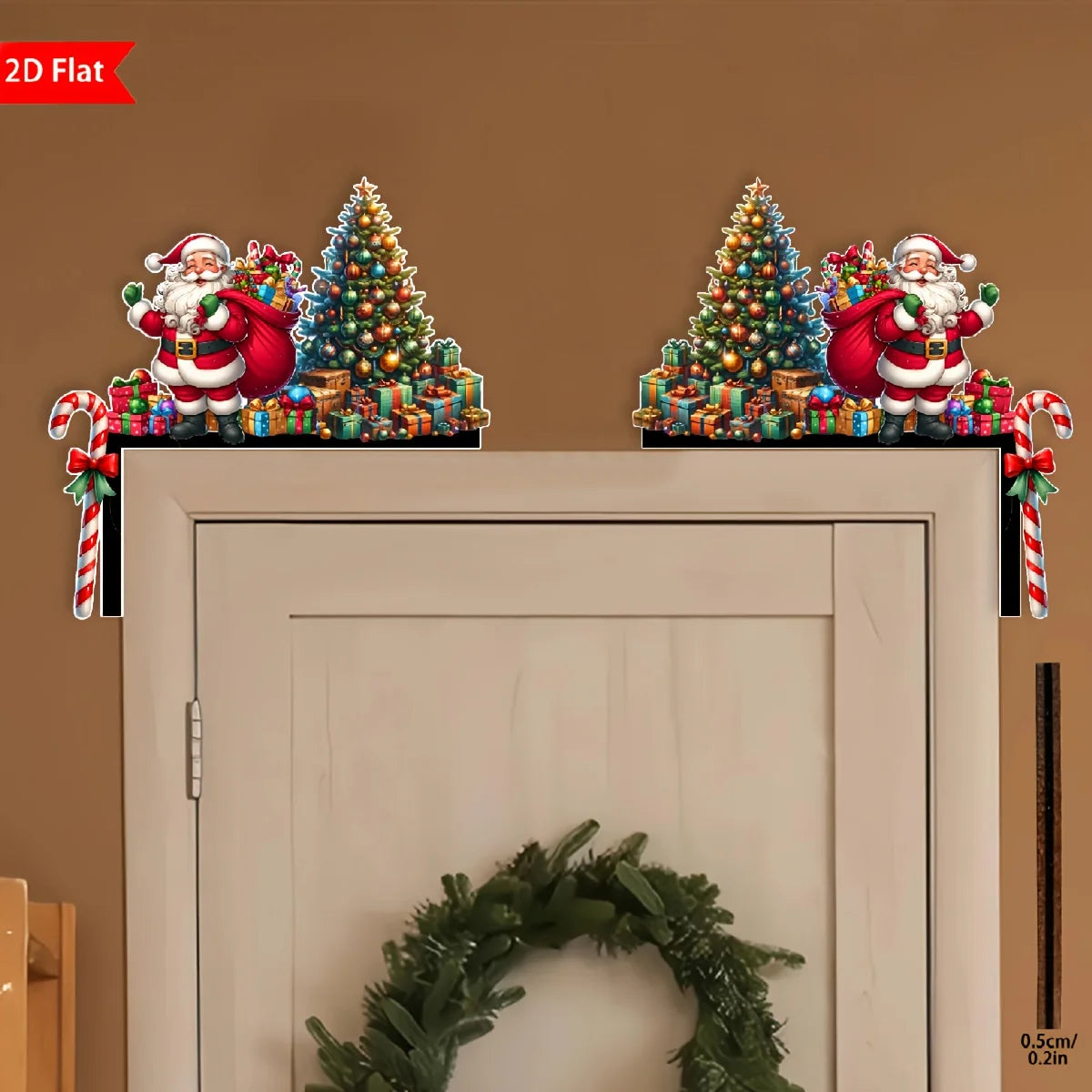 Christmas Door Frame Corner Sign, Flat Wooden Santa and Tree Door Topper Decoration, Left Corner