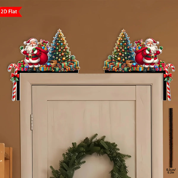 Christmas Door Frame Corner Sign, Flat Wooden Santa and Tree Door Topper Decoration, Left Corner