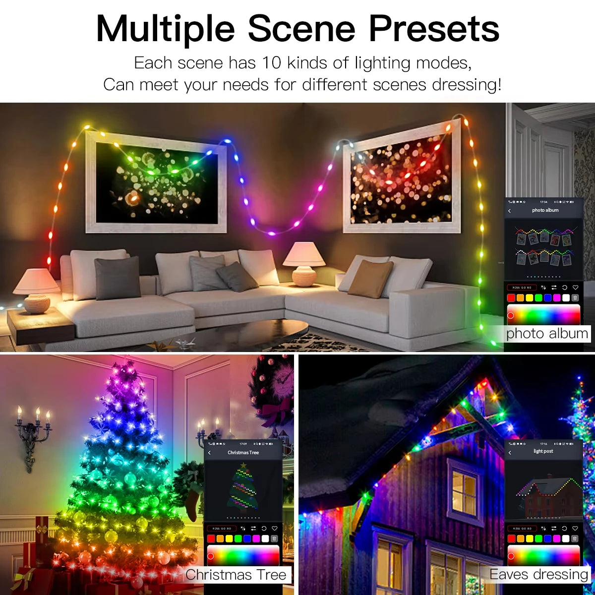 Smart Christmas Tree String Lights with App and Remote Control, USB, 33 ft Color-Changing