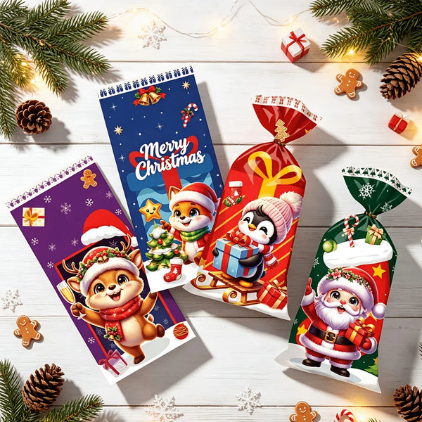 Christmas Cellophane Goody Bags Assortment, 50-Pack, 4 Holiday Designs