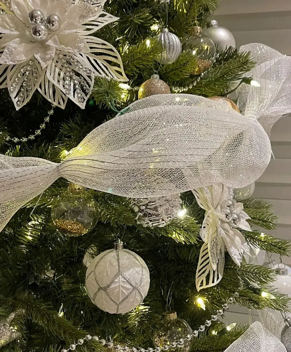 White and Silver Deco Mesh Ribbon for Christmas Tree and Wreaths, 10 in x 10 Yard Roll
