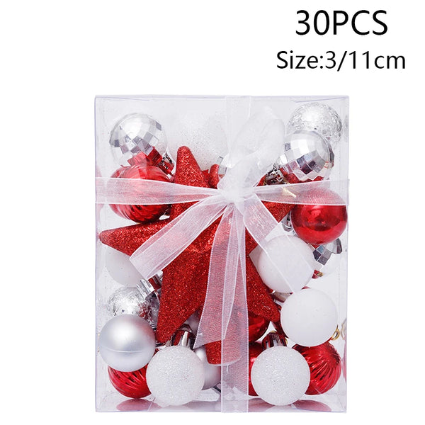 Red, White and Silver Mini Christmas Ornament Set, 30 Pieces with Glitter Star Tree Topper for Small Trees
