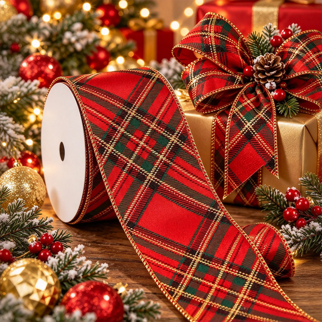 Red & Green Plaid Wired Christmas Ribbon with Gold Edge, 2.5in x 2 Yards