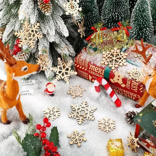 Wooden Snowflake Christmas Ornaments, 100 Pieces, 2 in Unfinished Cutouts with Hanging Cords