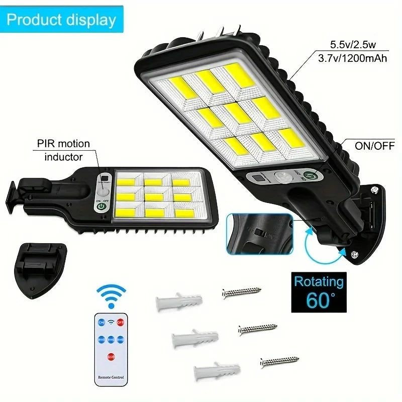 Solar Motion Sensor Wall Light with Remote, 108 COB LEDs, 3 Modes