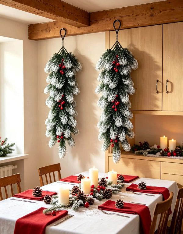 Flocked Pine Teardrop Swag with Red Berries, Christmas Wall & Door Hanger
