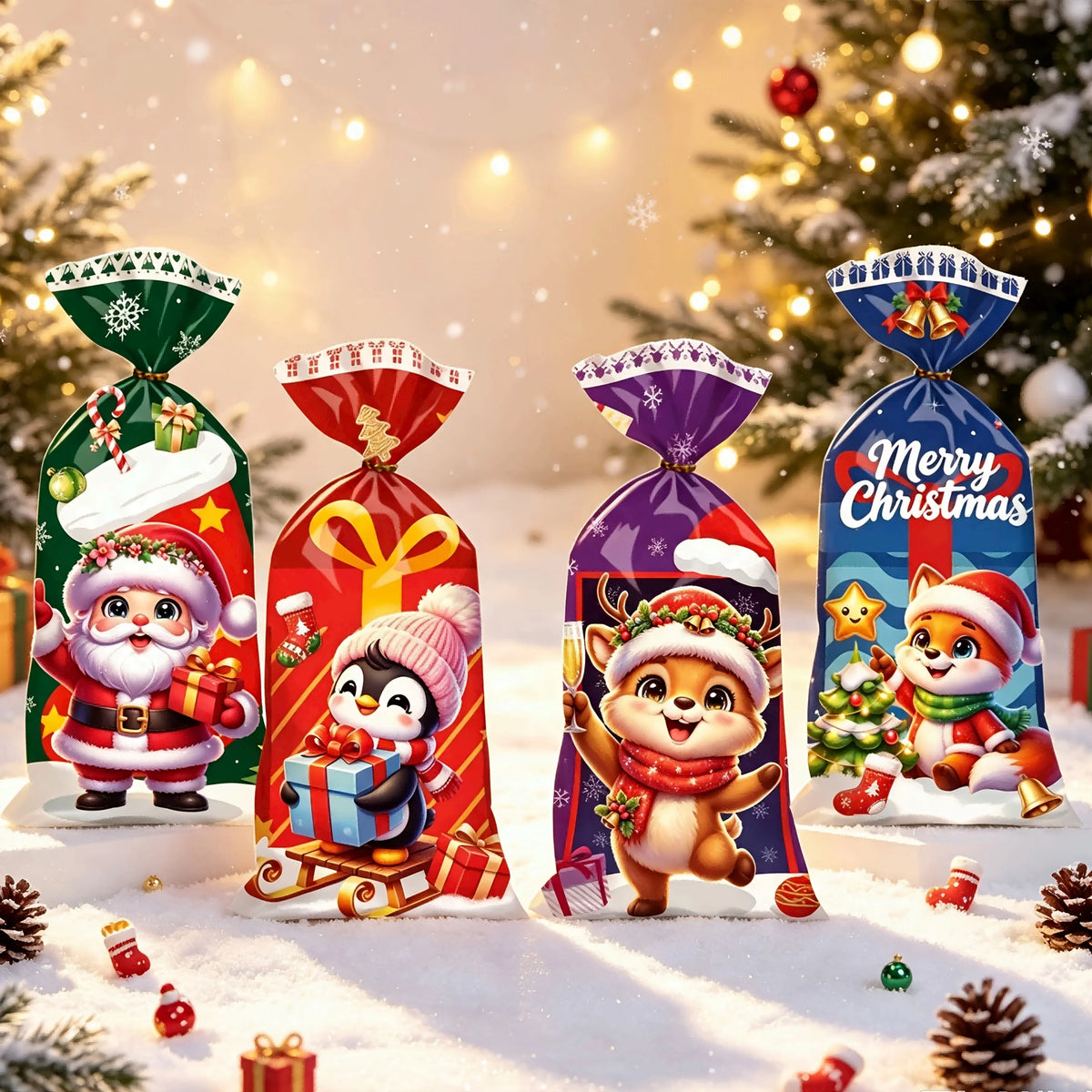 Christmas Cellophane Goody Bags Assortment, 50-Pack, 4 Holiday Designs