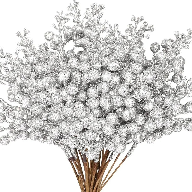 Silver Glitter Berry Stems for Christmas Tree, Wreath and Garland, Pack of 10 Picks