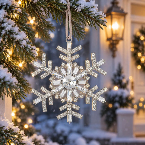 Rhinestone Snowflake Christmas Ornament, 4 in Silver Metal Jeweled Snowflake for Tree and Window