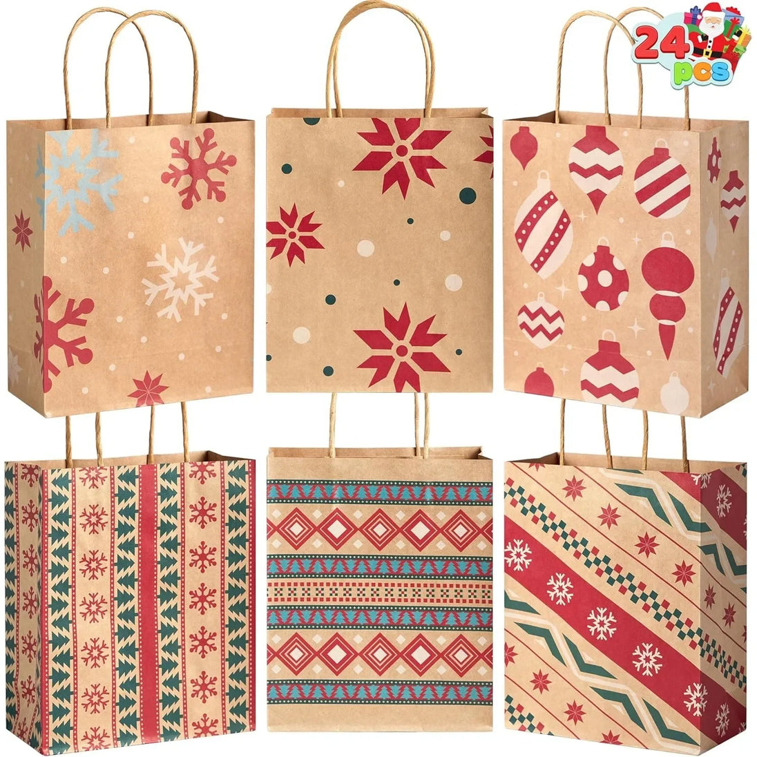 Christmas Kraft Paper Gift Bags with Handles, Assorted Prints, 24 Pack