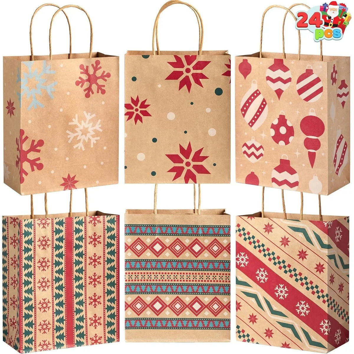 Christmas Kraft Paper Gift Bags with Handles, Assorted Prints, 24 Pack