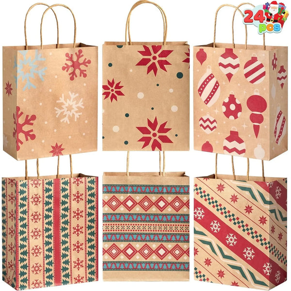 Christmas Kraft Paper Gift Bags with Handles, Assorted Prints, 24 Pack