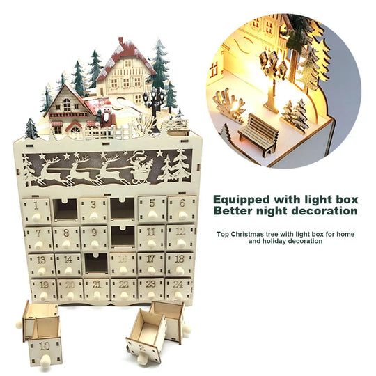 Wooden Christmas Advent Calendar with 24 Drawers and LED Lighted Village Scene