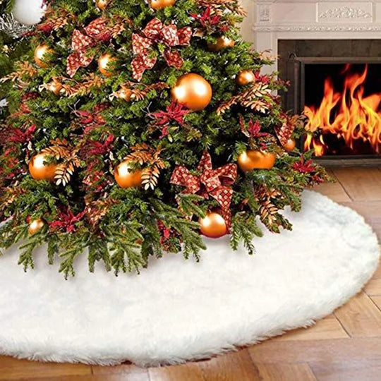 White Faux Fur Christmas Tree Skirt, 48 in Round Plush Tree Base Cover