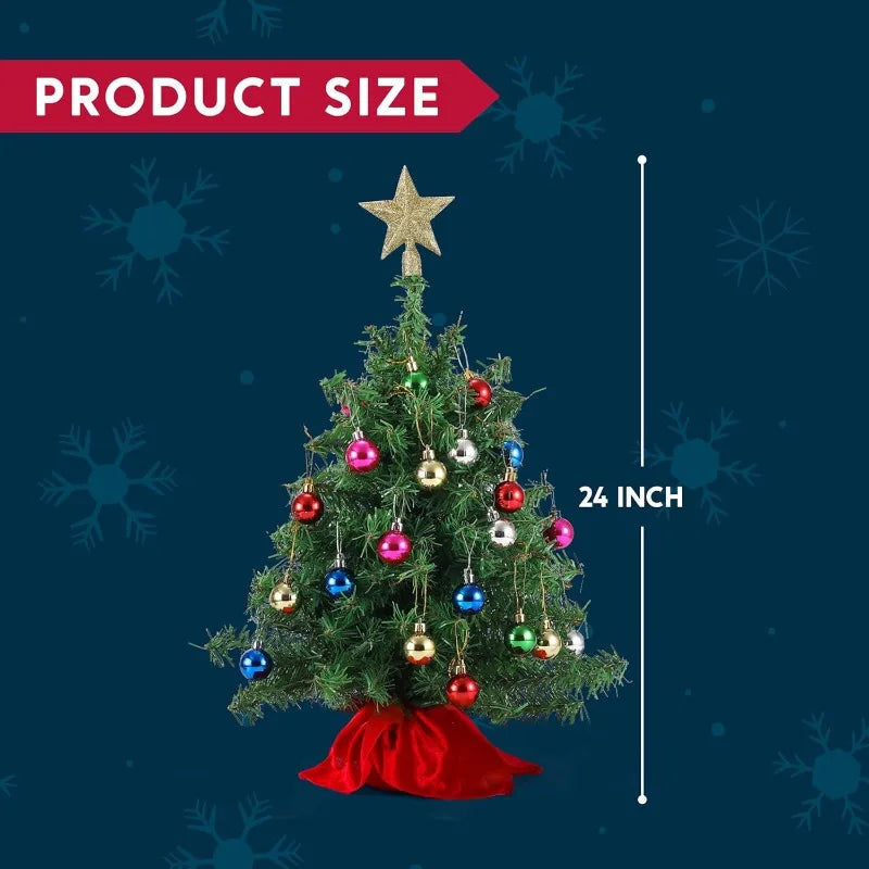 24-Inch Prelit Tabletop Christmas Tree, Warm White LED Lights with Ornaments and Star Topper