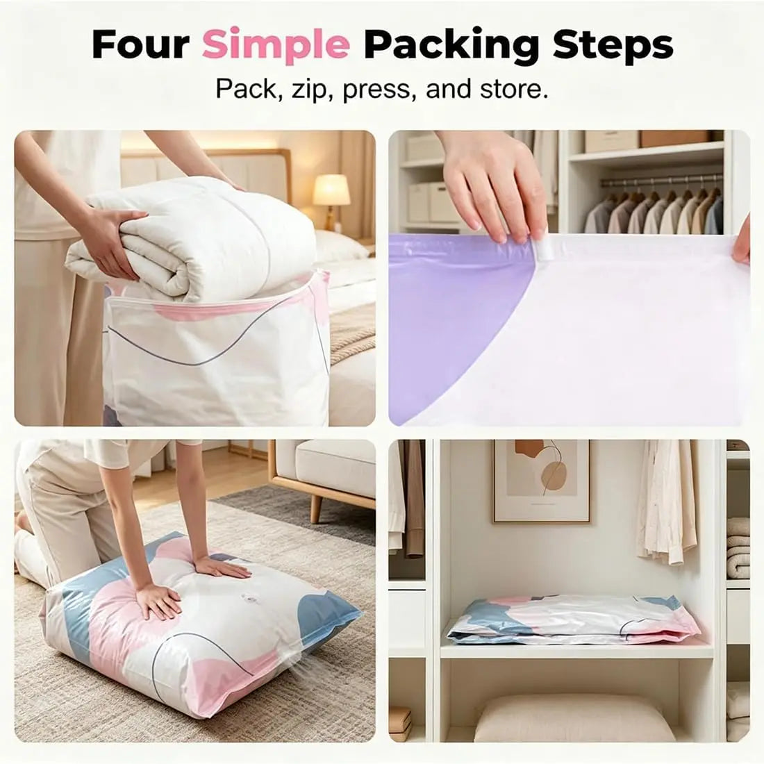 Cube Compression Storage Bags for Travel and Closet, No Pump Needed, Set of 4 Large