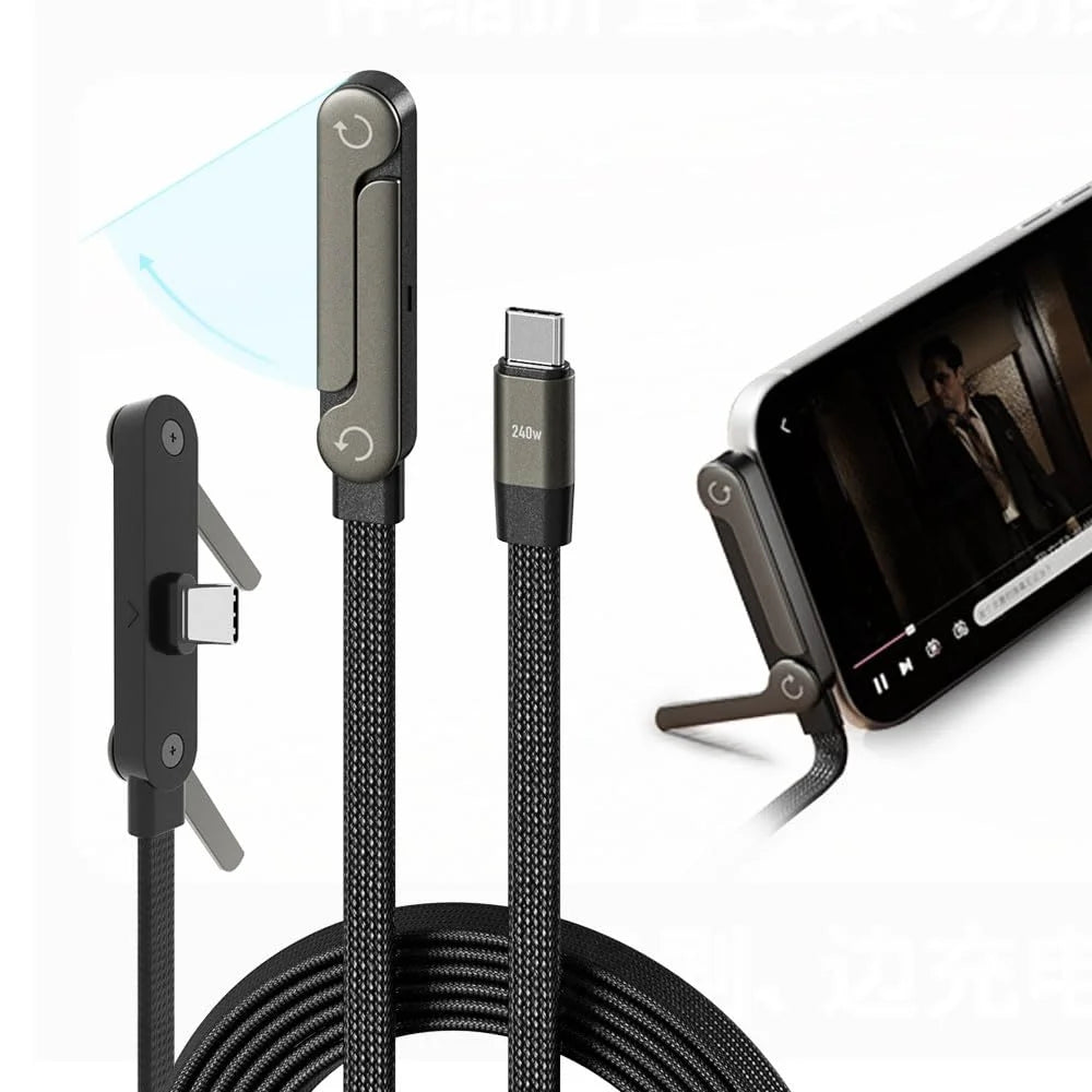 Right-Angle USB-C Phone Charger Cable with Built-In Stand, 5 ft Flat Braided