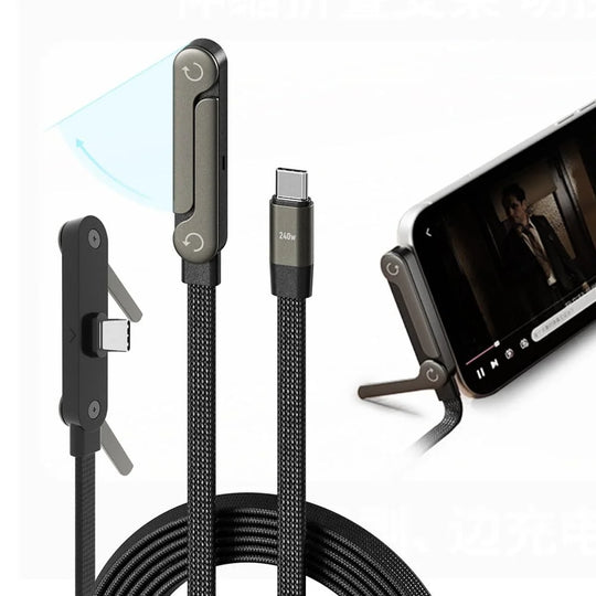 Right-Angle USB-C Phone Charger Cable with Built-In Stand, 5 ft Flat Braided