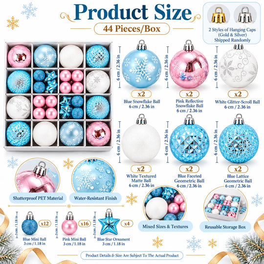 Light Blue, Pink and White Christmas Ornament Set, 44 Shatterproof Balls and Stars for a Winter Wonderland Tree