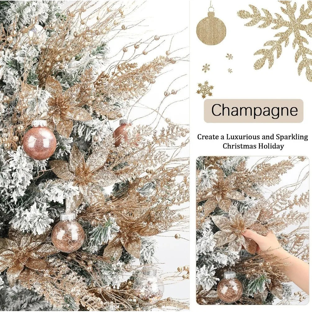 Champagne Gold Christmas Tree Picks, Set of 5 Glitter Poinsettia Leaf and Berry Stems