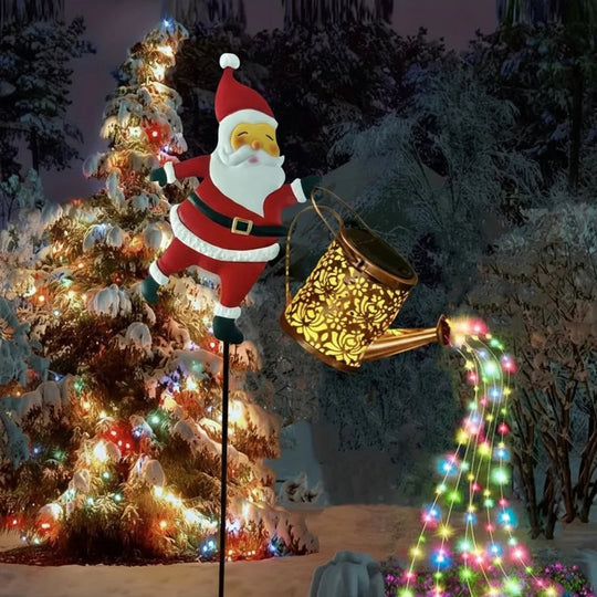 Solar Santa Watering Can Light, Christmas Yard Stake with Pouring Multicolor LED String Lights